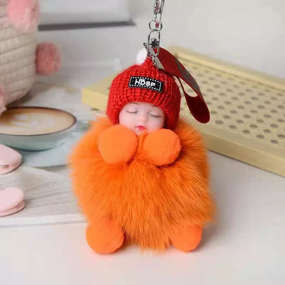 Hand-woven fox fur sleeping doll keychain pendant with optional bow