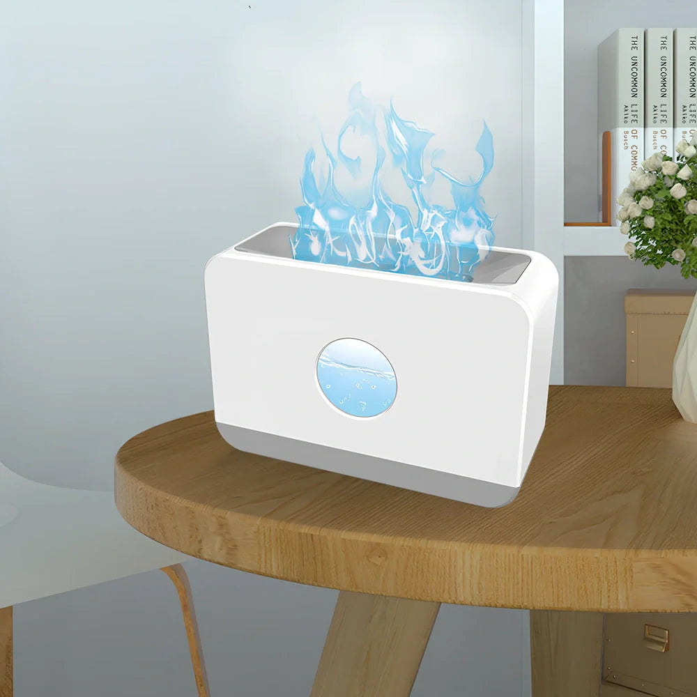 Square two-colour flame aromatherapy humidifier showing mist output and LED lighting effects