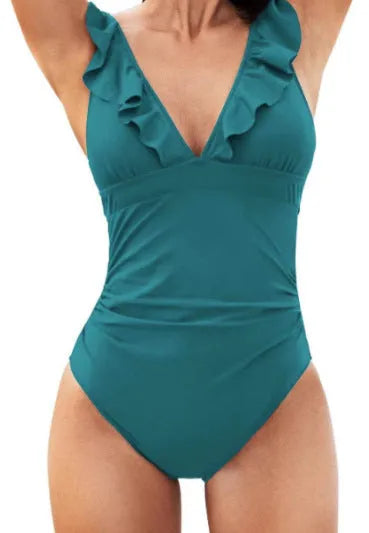 Women's one-piece swimsuit with v-neck and lace-up front in multiple colour options