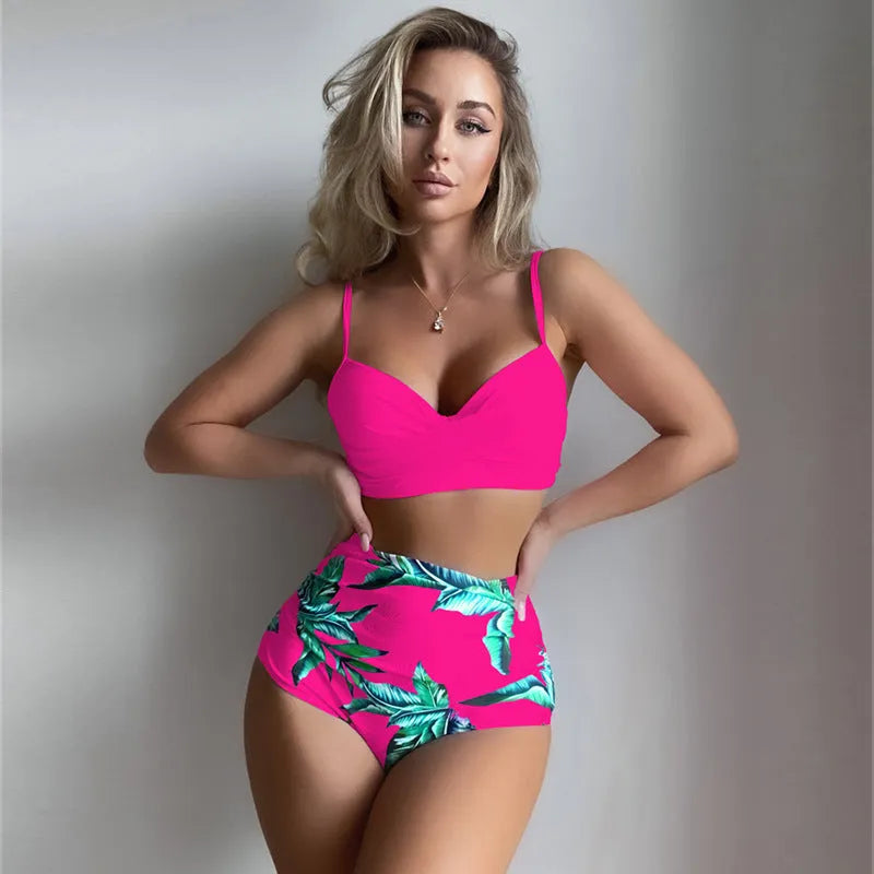 Women's floral print push up bikini set with steel underwire bra and high waist briefs