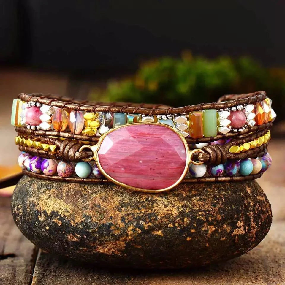 Ethnic style red wood grain leather rope crystal bracelet for women with semi-precious stone