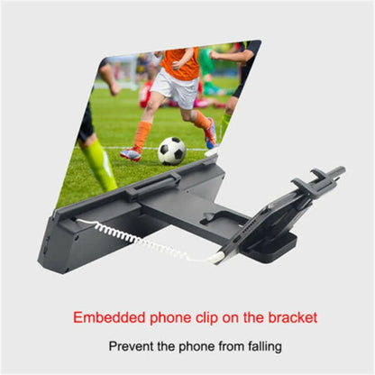 Silver mobile phone screen amplifier with 12-inch lens on a flexible gooseneck stand, holding a smartphone.