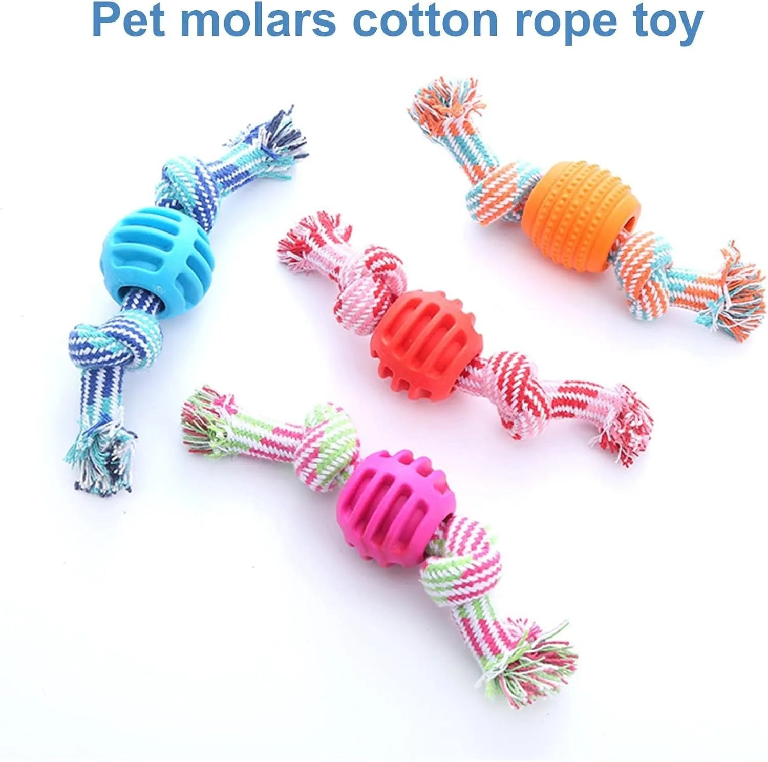 Navy blue dog chew toy with molar-shaped rubber sections and white cotton rope, 25cm long