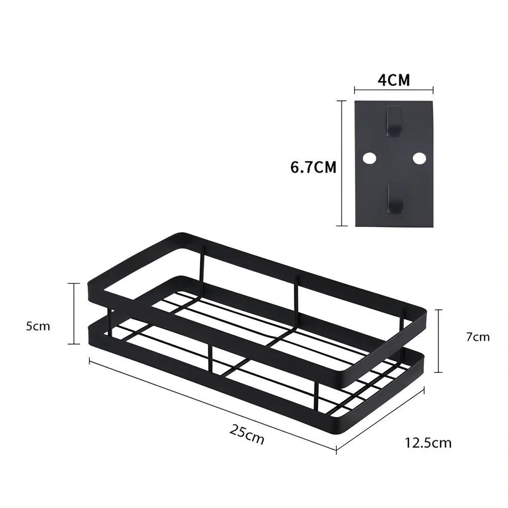Metal kitchen wall storage shelf holding spice containers and pepper seasoning sprayers in six size options from 20cm to 50cm
