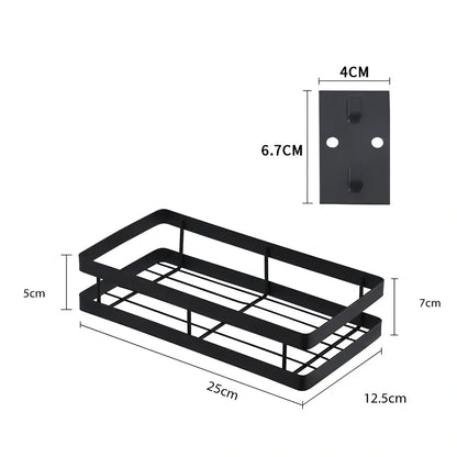 Metal kitchen wall storage shelf holding spice containers and pepper seasoning sprayers in six size options from 20cm to 50cm