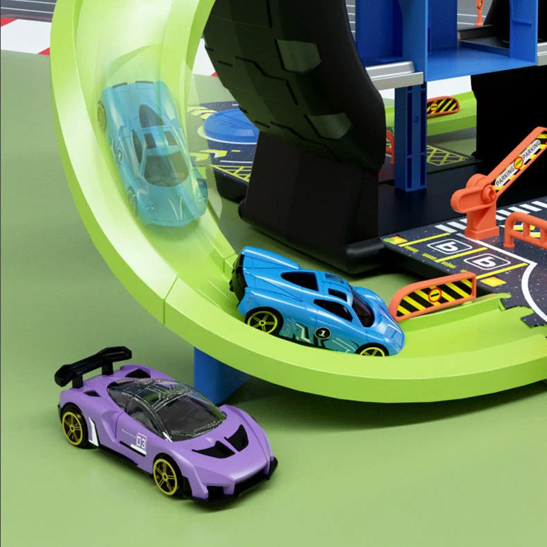 Children's tyre track parking lot toy with 28cm tracks and 33cm high parking structure for educational vehicle play
