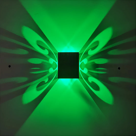 Modern aluminium butterfly-shaped LED wall lamp with remote control for colour changing.