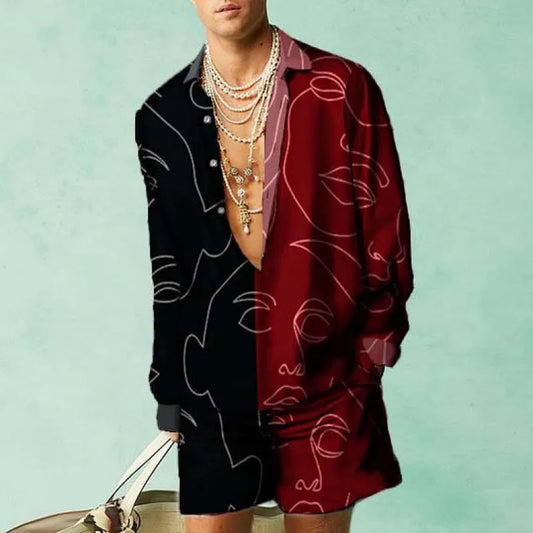 Men's slim fit summer shirt and shorts set in polyester with long sleeves, available in multiple colours