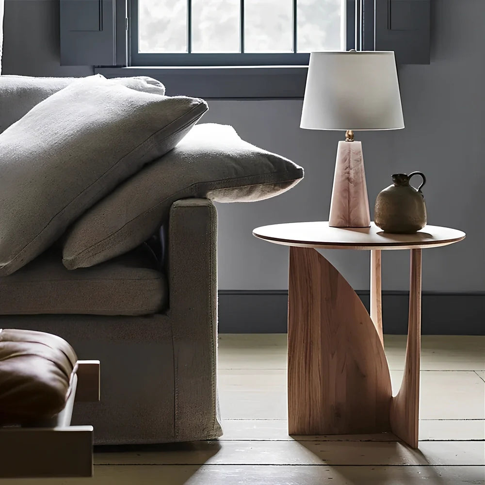 Round solid wood side table with geometric base in walnut, log, or ash black finish
