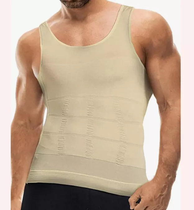 Men's body shaping vest in black or white, U-neck design, sizes M to XXL