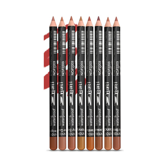 Matte lip liner pencil in wooden casing shown in shade range 201-214 on a white background