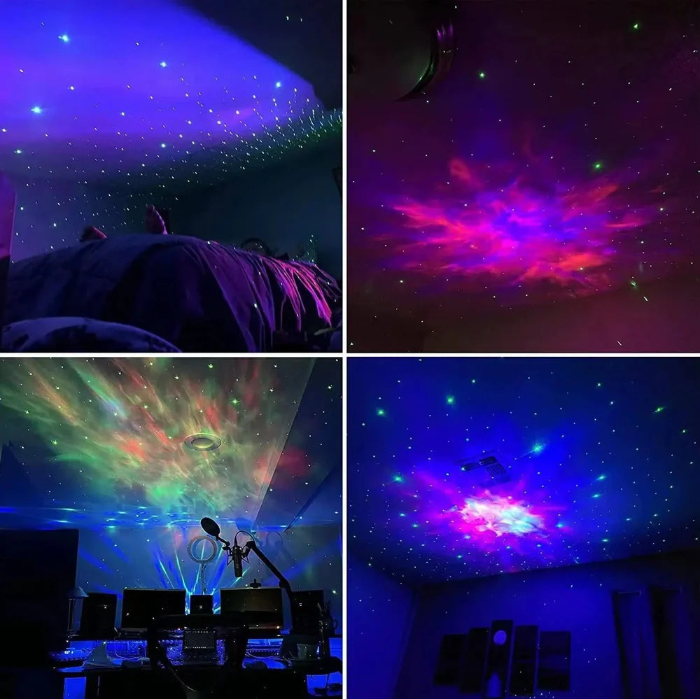 Astronaut-shaped projection lamp with starry display showing seven colour options and remote control