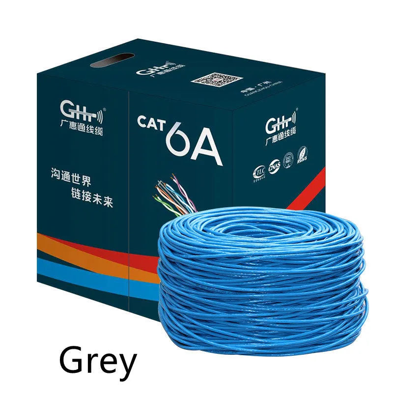 A reel of blue Category 6 network cable with oxygen-free copper core, showing the 305m length label.