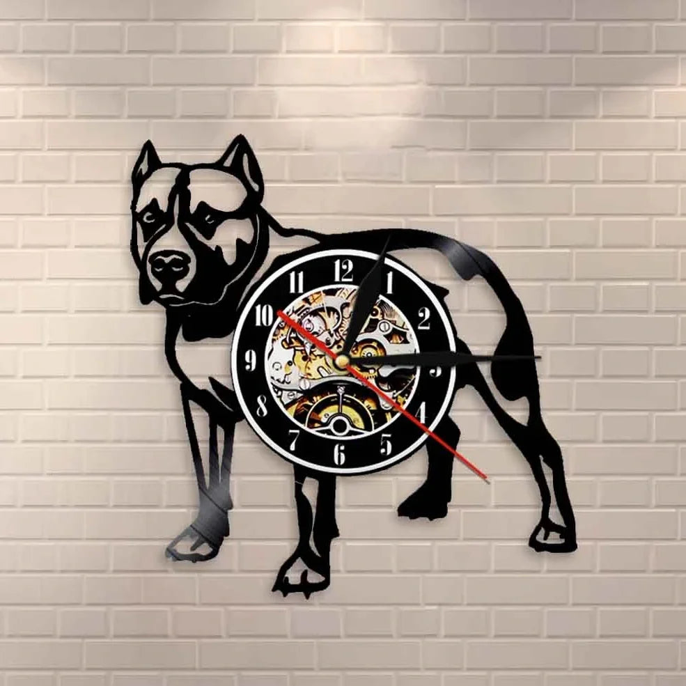 30cm vinyl record wall clock with dog breed designs, silent quartz movement, and pre-installed hook