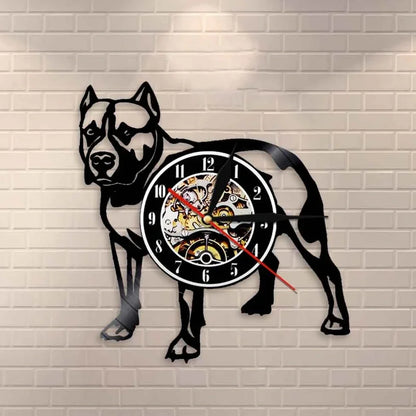 30cm vinyl record wall clock with dog breed designs, silent quartz movement, and pre-installed hook