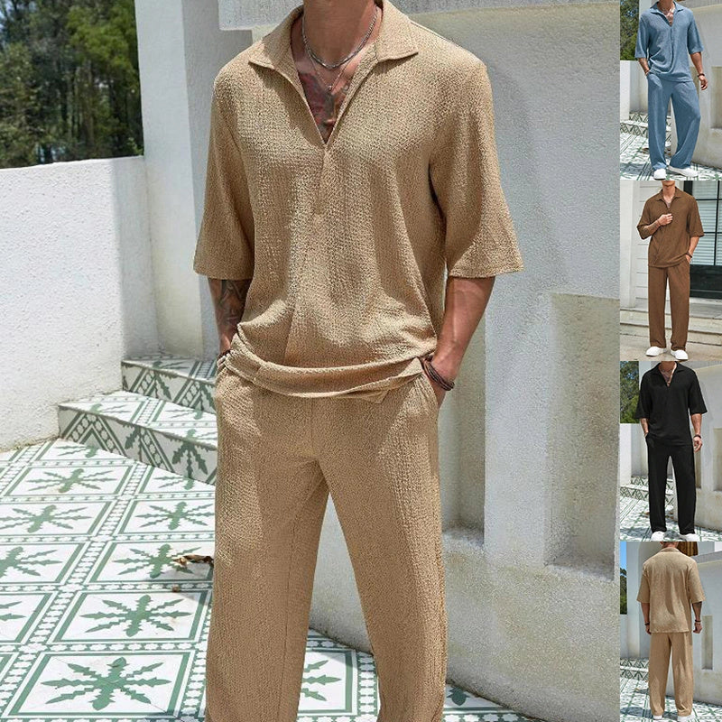 Men's summer commuter set in cotton, featuring a short-sleeve top and loose trousers, available in four colors.