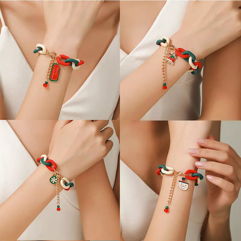 Festive Christmas Metal Chain Bracelet with Santa Claus and snowflake designs