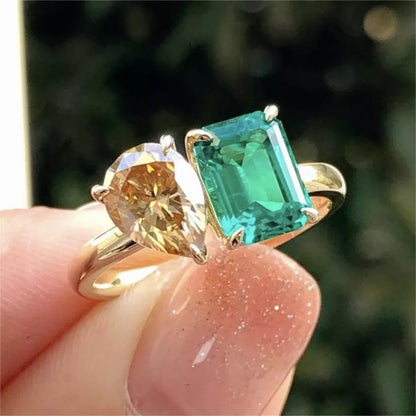 Gold double stone green yellow zircon square ring for women