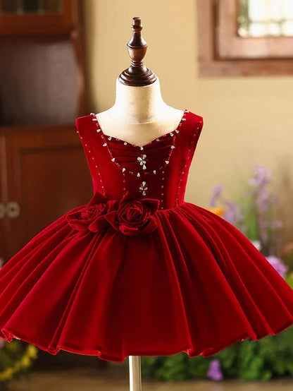 Girls sleeveless piano dress wine red colour slim fit round neck