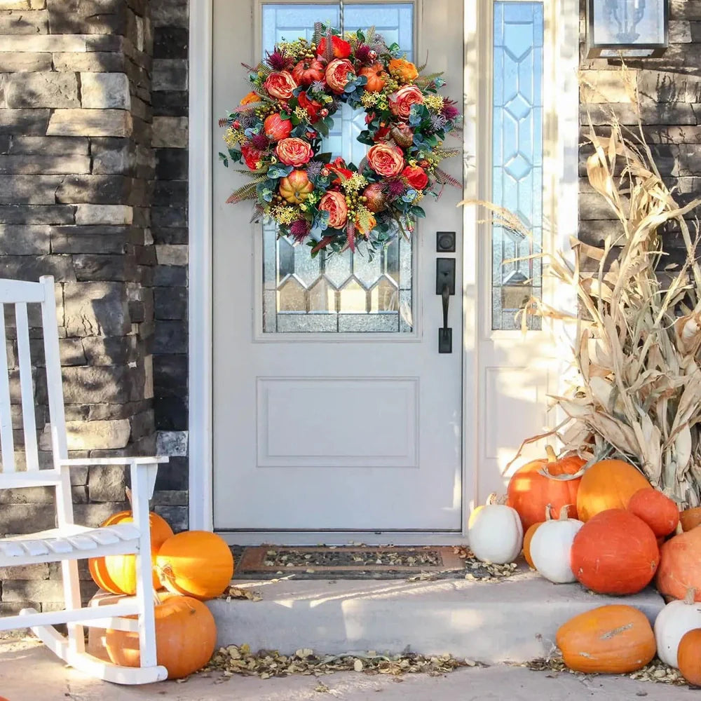Plastic autumn peony Halloween wreath measuring 40x40cm with harvest-themed design