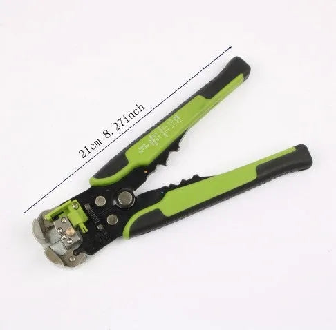Yellow automatic 3-in-1 wire stripper and crimping plier tool on a workbench
