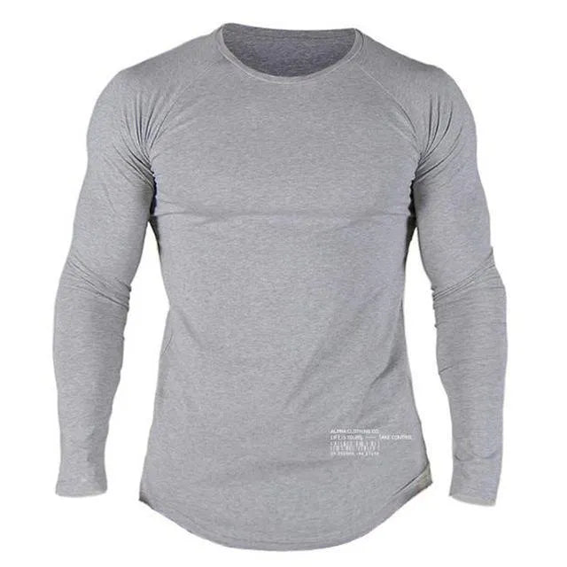Men's long sleeve cotton fitness T-shirt in black, grey, khaki and white, sizes M to 2XL with size chart