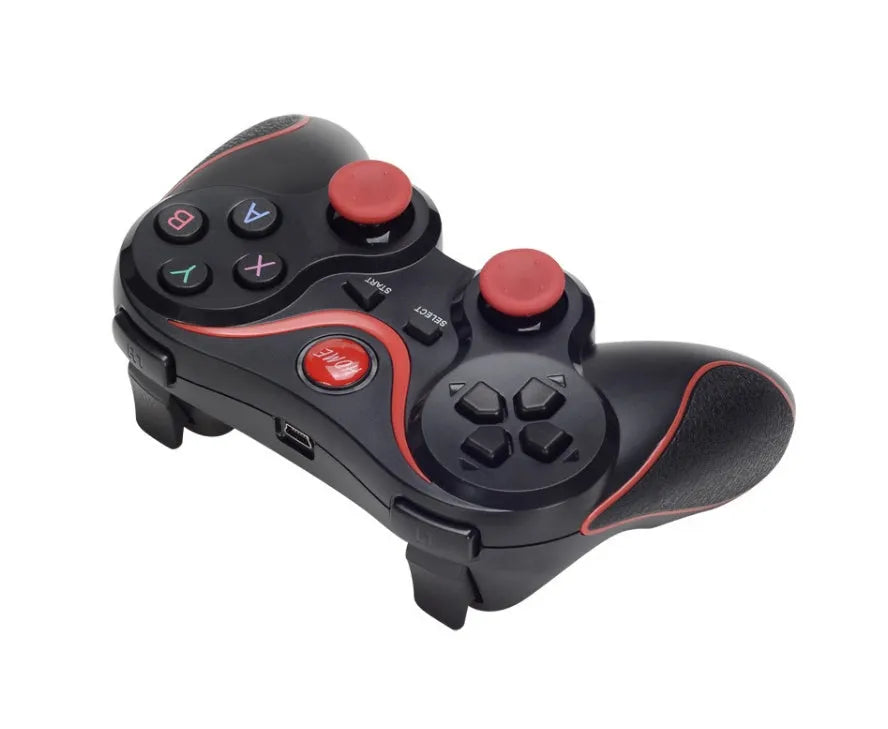 Upgraded X3 Bluetooth wireless game controller with mobile phone clip attached, showing textured grips and button layout