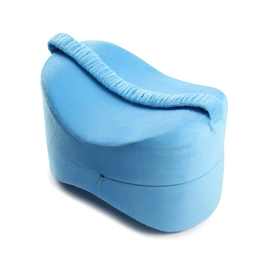 Memory foam leg lock pillow with adjustable clip in lake blue colour, measuring 25.5cm long