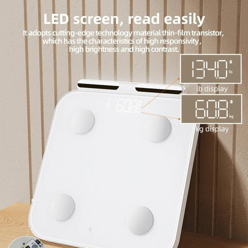 White professional body fat scale with 8 electrodes, LED display, and USB charging port on tempered glass surface