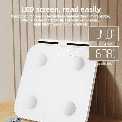 White professional body fat scale with 8 electrodes, LED display, and USB charging port on tempered glass surface