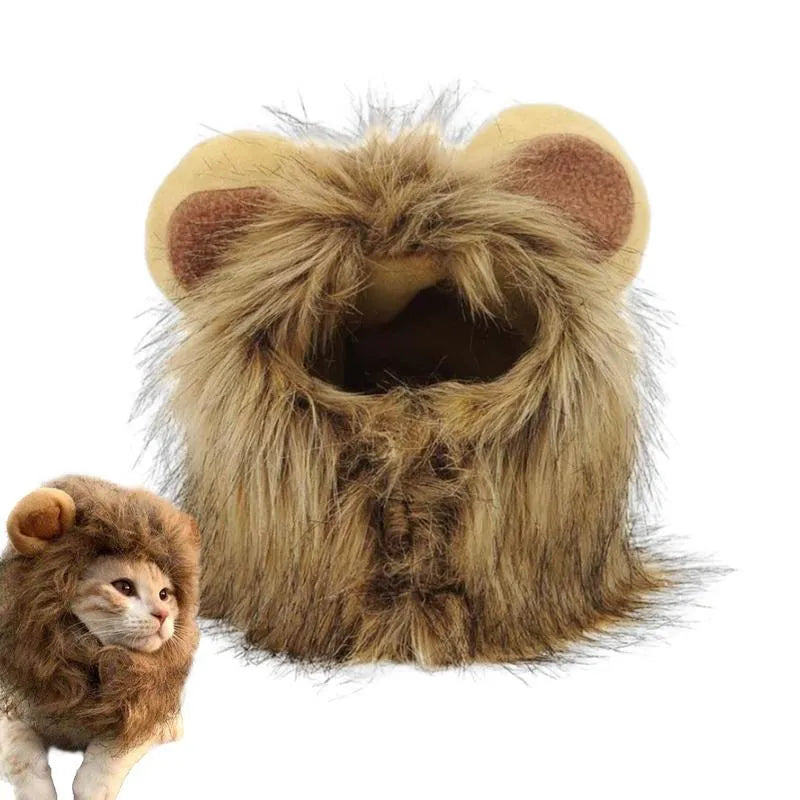 Lion mane costume wig for a cat or small dog on a white background, showing fluffy artificial hair and adjustable straps.