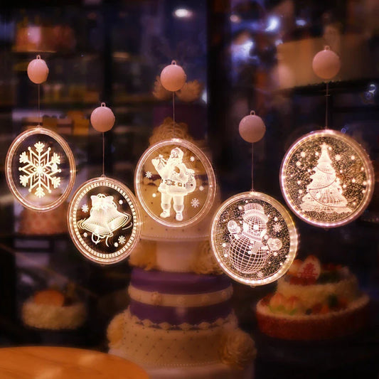 Elegant 3D hanging Christmas lamp with various festive designs, including bells, snowflakes, and Christmas trees.