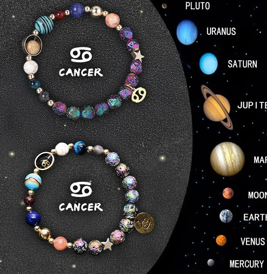 Adjustable natural stone zodiac beaded bracelet showing twelve different sign styles with 8mm beads