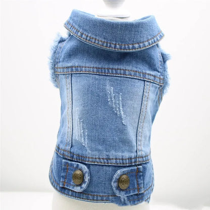 Dark denim dog vest with retro scratch pattern and button front closure on a small white dog.