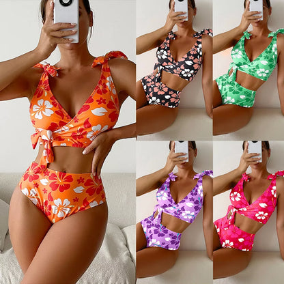 Floral print lace-up high waisted bikini swimsuit for women in various colors