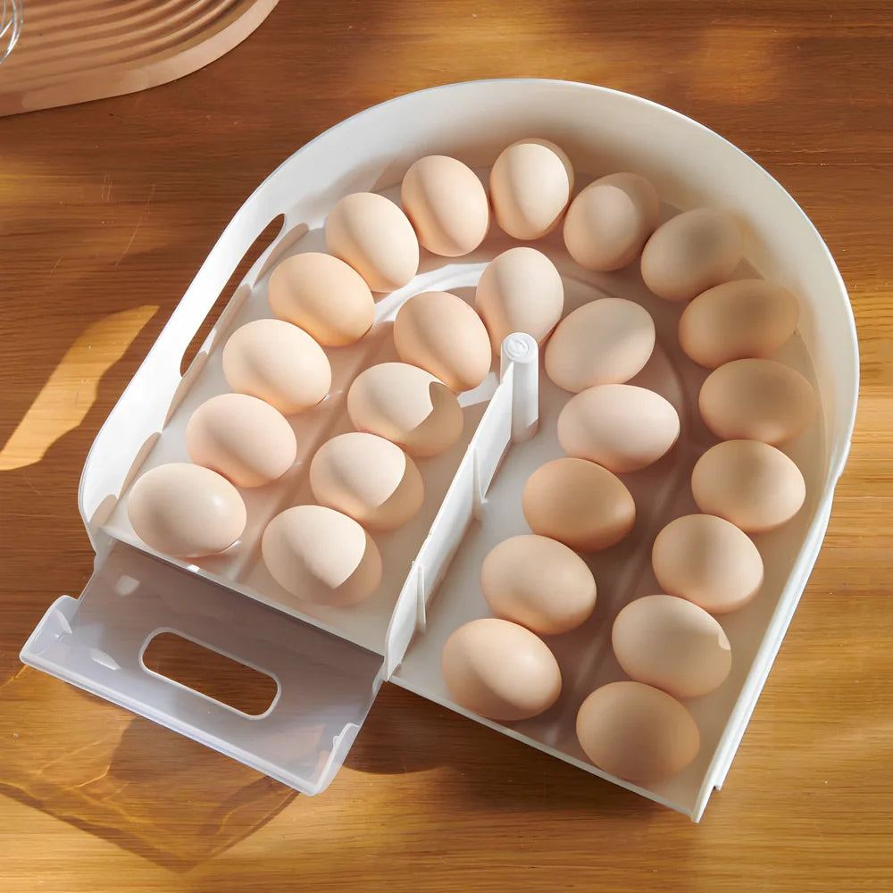 Stackable U-shaped egg storage box with semi-transparent PP construction showing egg compartments