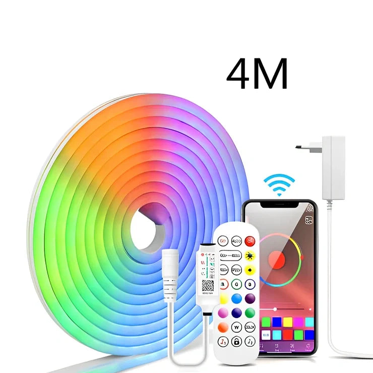 Flexible 12V RGB LED neon strip, 6mm x 15mm waterproof design with Bluetooth controller for home decor, 1-5m lengths
