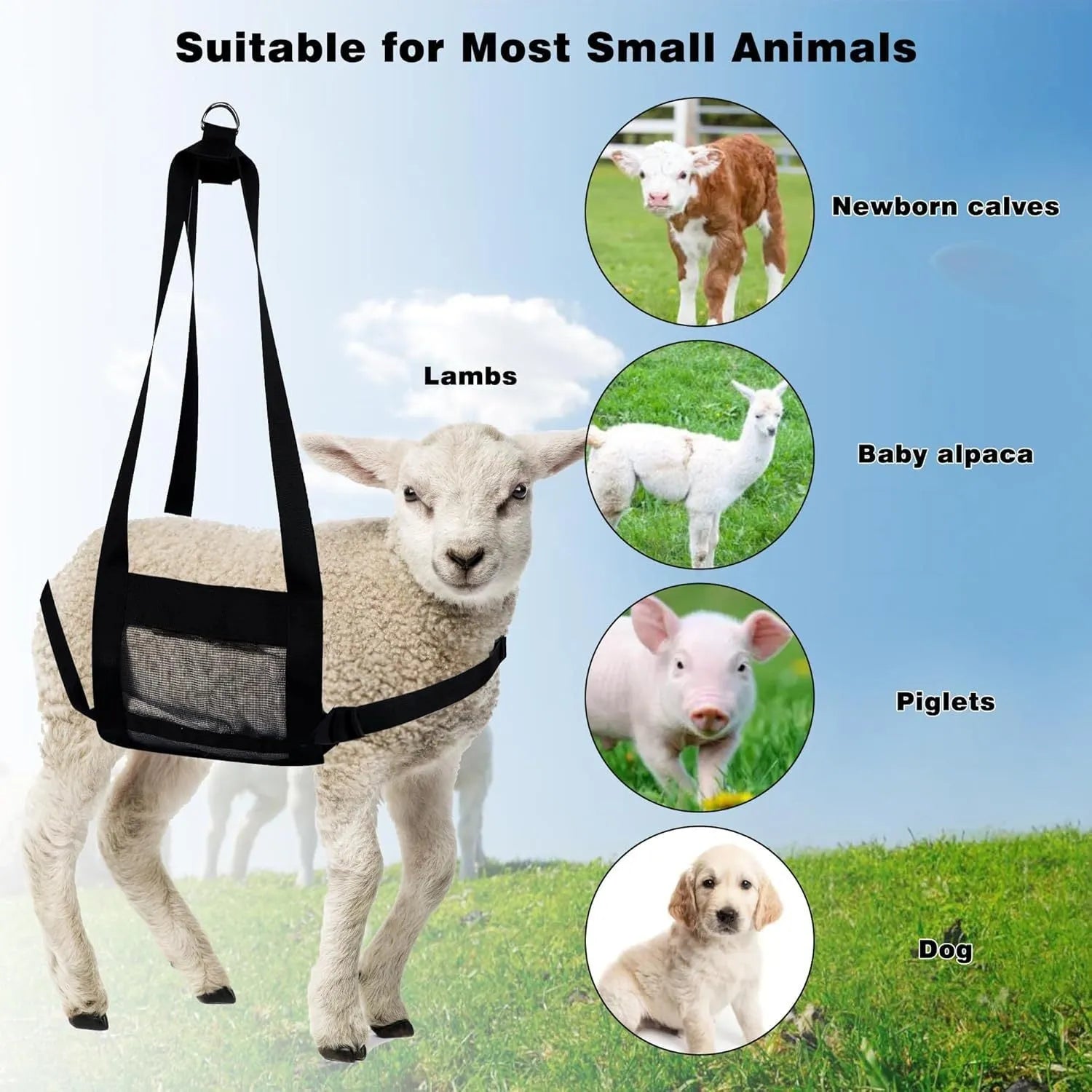 Black ripstop nylon animal weighing sling with adjustable handles for calves and large dogs