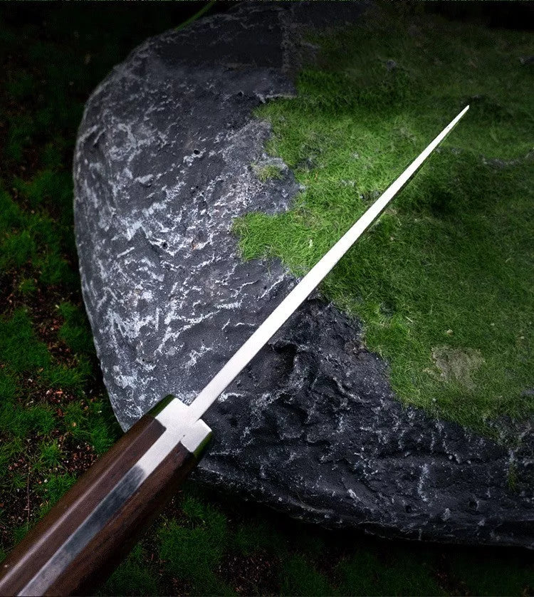 Outdoor survival knife with leather holster and mirror polished blade