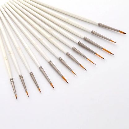 Set of 12 Pearl White nylon wool artist brushes in a solid wood pen holder, for watercolour and acrylic painting.