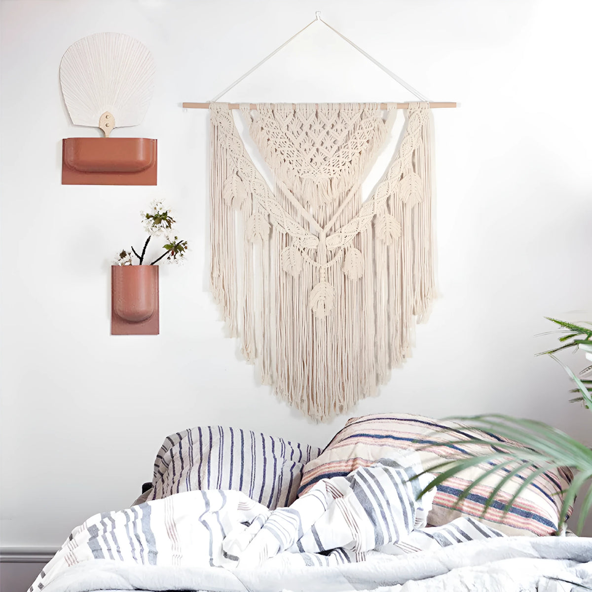 Large beige hand woven cotton tapestry, 115x100cm, modern simple wall hanging for living room or study