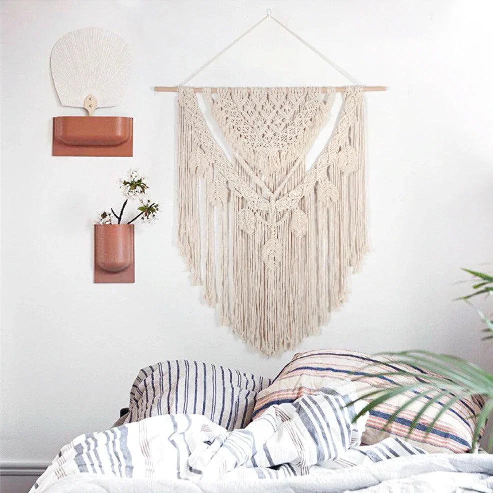 Beige hand woven cotton tapestry 115x100cm hanging on living room wall, textured weave detail