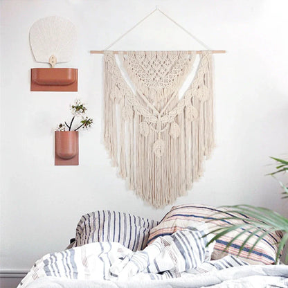 Beige hand woven cotton tapestry 115x100cm hanging on living room wall, textured weave detail