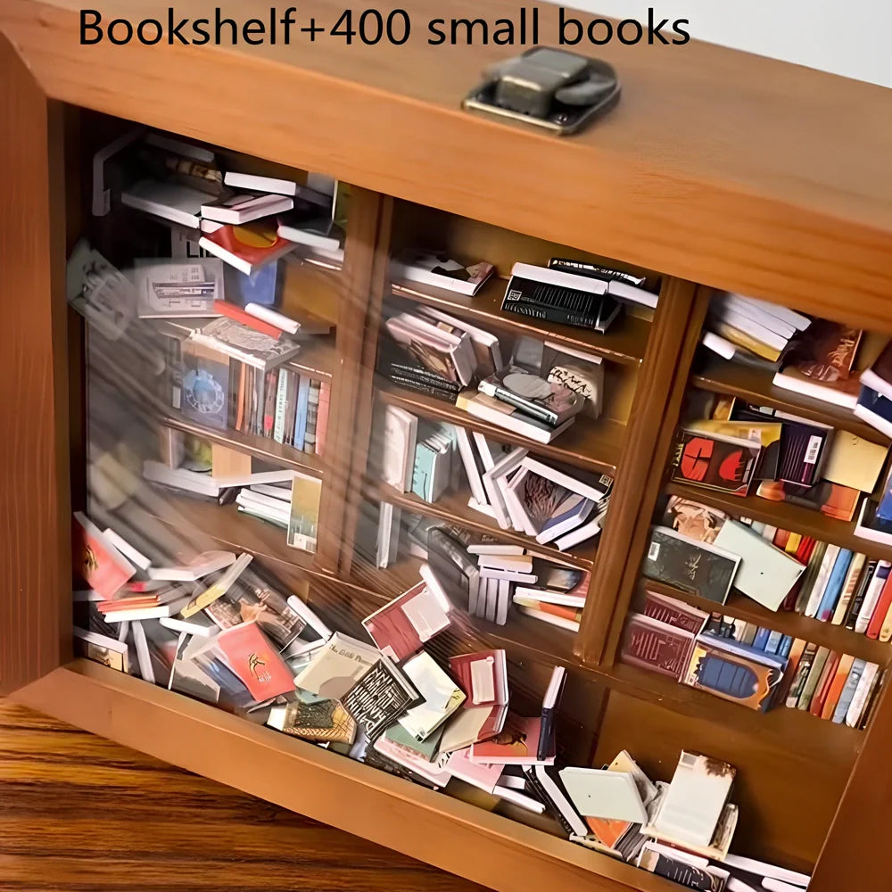 Wooden antique finish bookshelf ornament with 200 small books, 25.4 cm tall for decompression