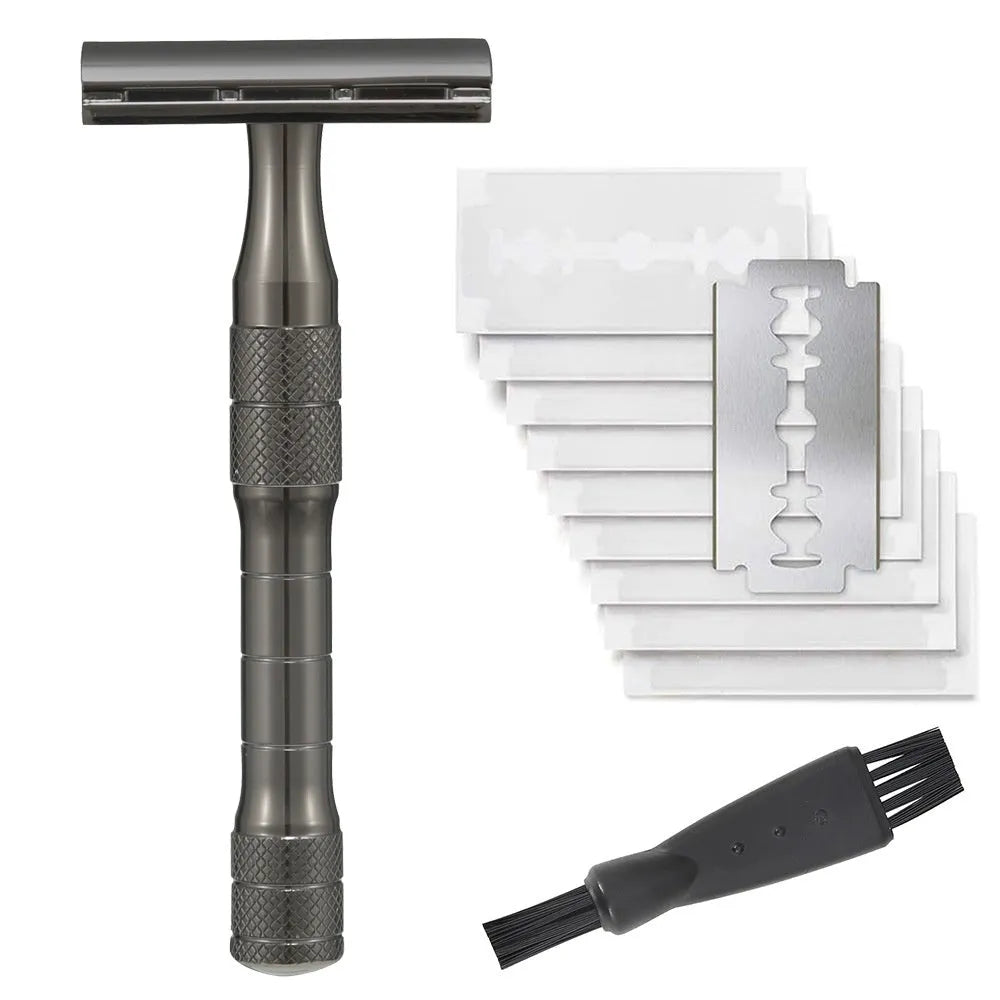 Traditional alloy double-edged safety razor with replaceable blades in choice of colours including black, silver, and rose gold.