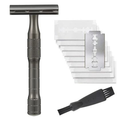 Traditional alloy double-edged safety razor with replaceable blades in choice of colours including black, silver, and rose gold.