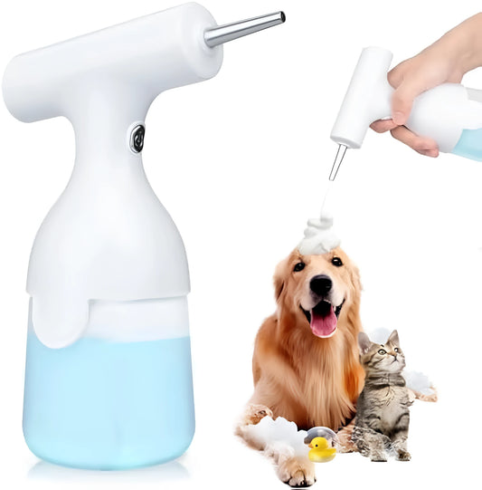 White electric foam soap dispenser with rechargeable battery and two nozzles for pet and home cleaning