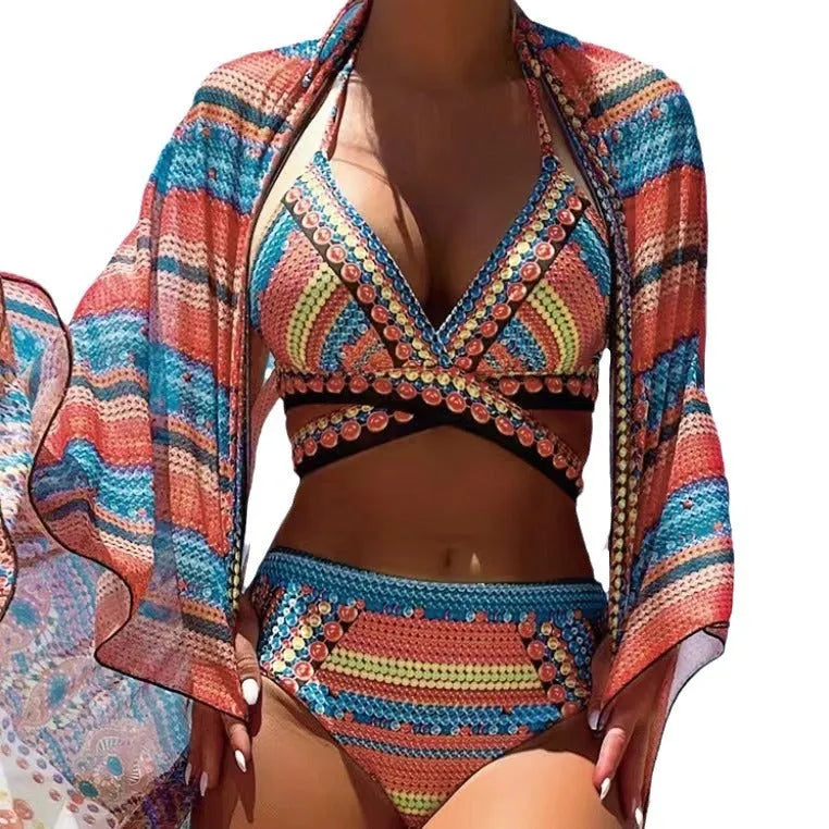 Women's retro ethnic style bikini with split cross strap design in blue colour.