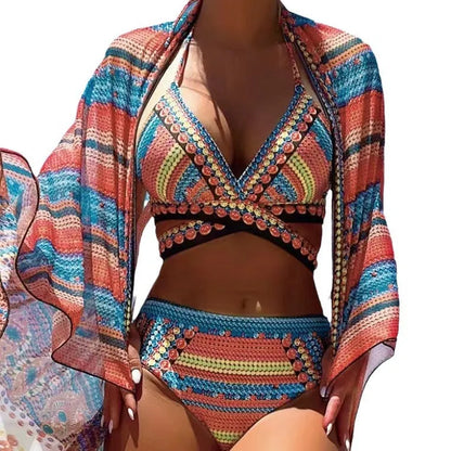 Women's retro ethnic style bikini with split cross strap design in blue colour.