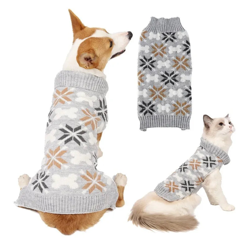Grey Japanese-style retro jacquard pet sweater, hat and scarf set on a small dog model.